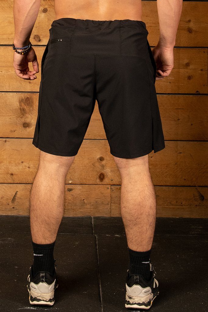 Black CrossFit training short with hidden zip pocket