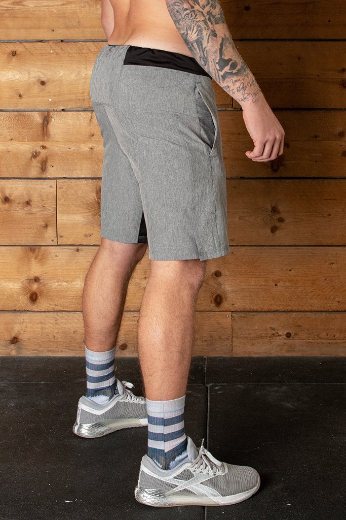 Grey CrossFit training short with hidden zip pocket
